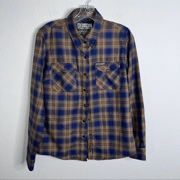 Dixxon Shirt Women Medium Plaid Flannel Long Sleeve Brown Blue Button Up  KK - Picture 1 of 8